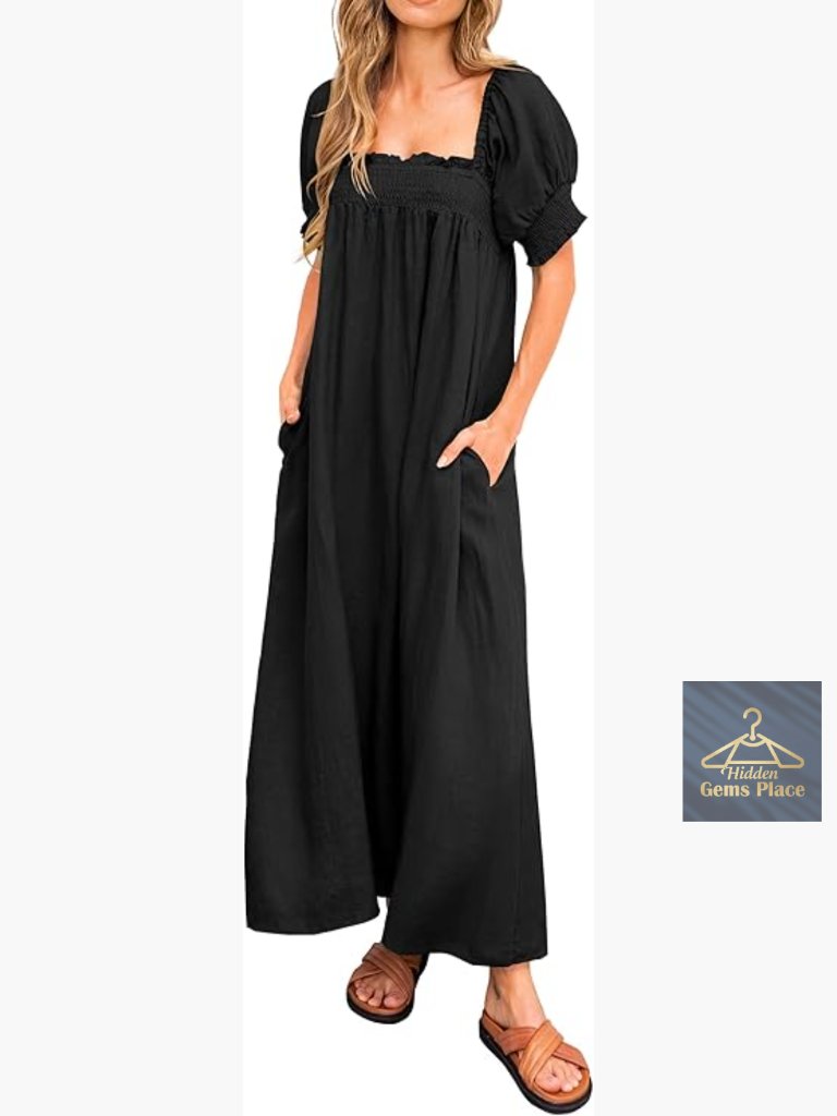 Maternity Maxi Dress With Pockets, Puff Sleeves, Square Neck, Loose Fit